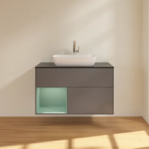 VILLEROY BOCH Toaletní skříňka Finion, s osvětlením, 2 výsuvy, 1000 x 603 x 501 mm, antracitový matný lak / olivový matný lak / černé matné sklo #F772GMGK, obrázek 3