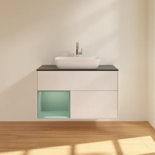 VILLEROY BOCH Toaletní skříňka Finion, s osvětlením, 2 výsuvy, 1000 x 603 x 501 mm, lesklý bílý lak / olivově matný lak / černé matné sklo #F772GMGF, obrázek 3