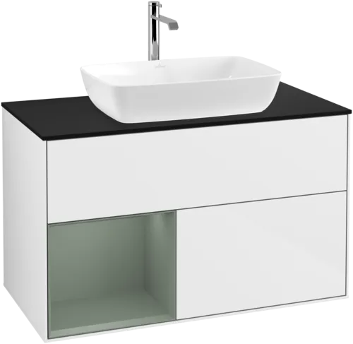 VILLEROY BOCH Toaletní skříňka Finion, s osvětlením, 2 výsuvy, 1000 x 603 x 501 mm, lesklý bílý lak / olivově matný lak / černé matné sklo #F772GMGF