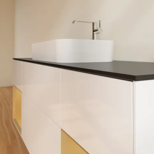 VILLEROY BOCH Toaletní skříňka Finion, s osvětlením, 4 výsuvy, 1600 x 603 x 501 mm, lesklý bílý lak / zlatý matný lak / černé matné sklo #F332HFGF, obrázek 6