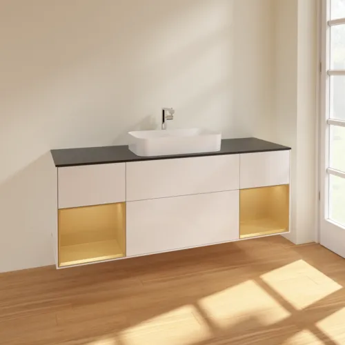 VILLEROY BOCH Toaletní skříňka Finion, s osvětlením, 4 výsuvy, 1600 x 603 x 501 mm, lesklý bílý lak / zlatý matný lak / černé matné sklo #F332HFGF, obrázek 2