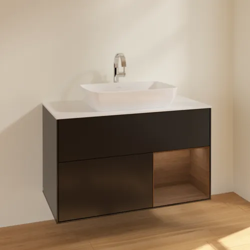 VILLEROY BOCH Toaletní skříňka Finion, s osvětlením, 2 výsuvy, 1000 x 603 x 501 mm, černý matný lak / ořechová dýha / sklo bílé matné #F781GNPD, obrázek 2