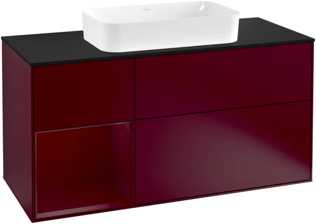 VILLEROY BOCH Toaletní skříňka Finion, s osvětlením, 3 výsuvy, 1200 x 603 x 501 mm, Peony Matt Lacquer / Peony Matt Lacquer / Glass Black Matt #F292HBHB