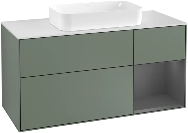 VILLEROY BOCH Toaletní skříňka Finion, s osvětlením, 3 výsuvy, 1200 x 603 x 501 mm, olivový matný lak / antracitový matný lak / bílé matné sklo #F301GKGM
