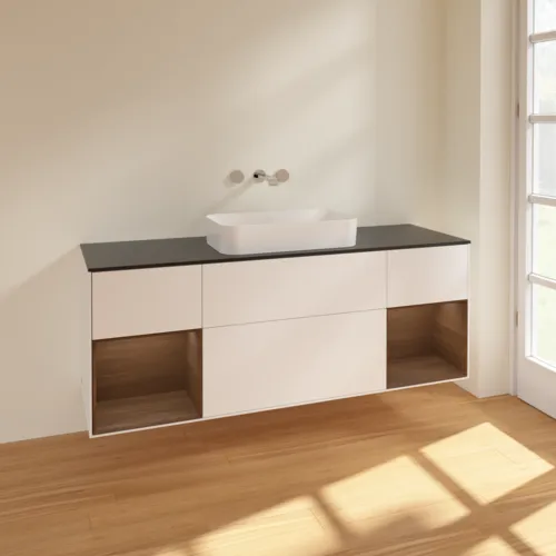 VILLEROY BOCH Toaletní skříňka Finion, s osvětlením, 4 výsuvy, 1600 x 603 x 501 mm, bílý matný lak / ořechová dýha / černé matné sklo #F742GNMT, obrázek 2