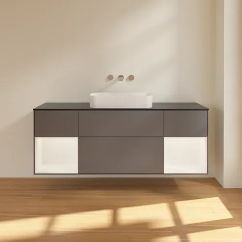 VILLEROY BOCH Toaletní skříňka Finion, s osvětlením, 4 výsuvy, 1600 x 603 x 501 mm, antracitový matný lak / bílý matný lak / černé matné sklo #F742MTGK, obrázek 3