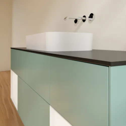 VILLEROY BOCH Toaletní skříňka Finion, s osvětlením, 4 výsuvy, 1600 x 603 x 501 mm, olivový matný lak / bílý matný lak / černé matné sklo #F742MTGM, obrázek 6
