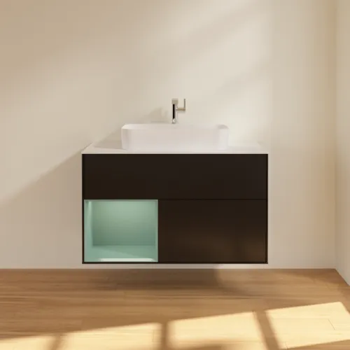 VILLEROY BOCH Toaletní skříňka Finion, s osvětlením, 2 výsuvy, 1000 x 603 x 501 mm, černý matný lak / olivový matný lak / bílé matné sklo #F361GMPD, obrázek 3