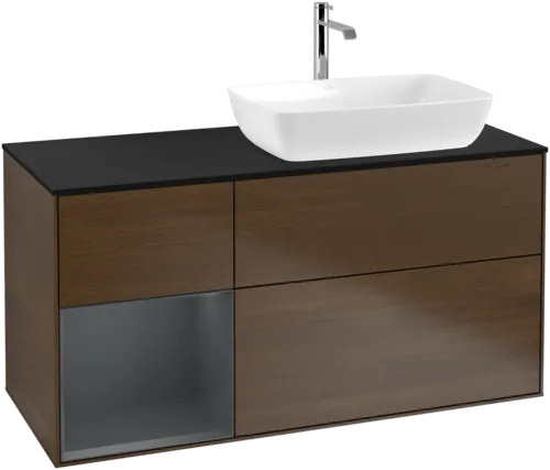 VILLEROY BOCH Toaletní skříňka Finion, s osvětlením, 3 výsuvy, 1200 x 603 x 501 mm, ořechová dýha / půlnočně modrý matný lak / černé matné sklo #F802HGGN, obrázek 1