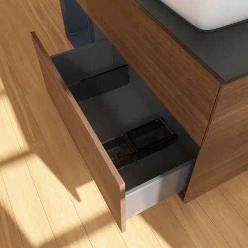 VILLEROY BOCH Toaletní skříňka Finion, s osvětlením, 3 výsuvy, 1200 x 603 x 501 mm, ořechová dýha / půlnočně modrý matný lak / černé matné sklo #F802HGGN, obrázek 3