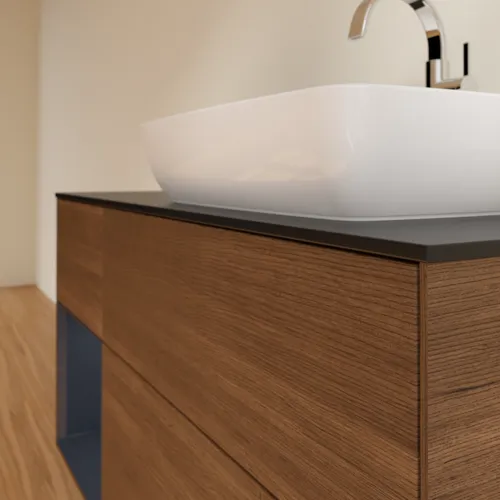 VILLEROY BOCH Toaletní skříňka Finion, s osvětlením, 3 výsuvy, 1200 x 603 x 501 mm, ořechová dýha / půlnočně modrý matný lak / černé matné sklo #F802HGGN, obrázek 2