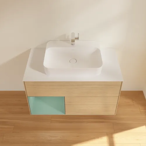VILLEROY BOCH Toaletní skříňka Finion, s osvětlením, 2 výsuvy, 1000 x 603 x 501 mm, dubová dýha / olivový matný lak / sklo bílé matné #F361GMPC, obrázek 4
