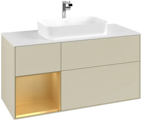 VILLEROY BOCH Toaletní skříňka Finion, s osvětlením, 3 výsuvy, 1200 x 603 x 501 mm, Silk Grey Matt Lacquer / Gold Matt Lacquer / Glass White Matt #F291HFHJ