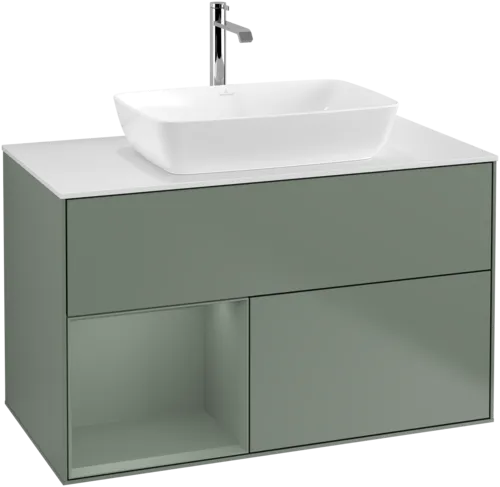 VILLEROY BOCH Toaletní skříňka Finion, s osvětlením, 2 výsuvy, 1000 x 603 x 501 mm, olivově matný lak / olivově matný lak / sklo bílé matné #F771GMGM, obrázek 1