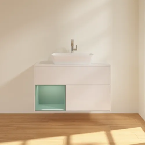 VILLEROY BOCH Toaletní skříňka Finion, s osvětlením, 2 výsuvy, 1000 x 603 x 501 mm, lesklý bílý lak / olivově matný lak / sklo bílé matné #F771GMGF, obrázek 3