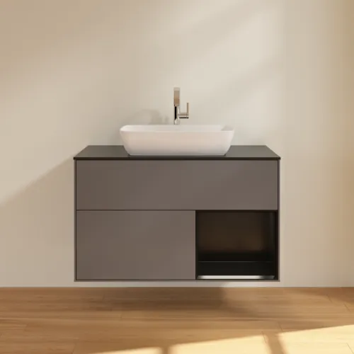 VILLEROY BOCH Toaletní skříňka Finion, s osvětlením, 2 výsuvy, 1000 x 603 x 501 mm, antracitový matný lak / černý matný lak / černé matné sklo #F782PDGK, obrázek 3