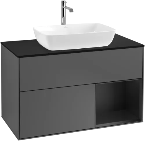 VILLEROY BOCH Toaletní skříňka Finion, s osvětlením, 2 výsuvy, 1000 x 603 x 501 mm, antracitový matný lak / černý matný lak / černé matné sklo #F782PDGK, obrázek 1