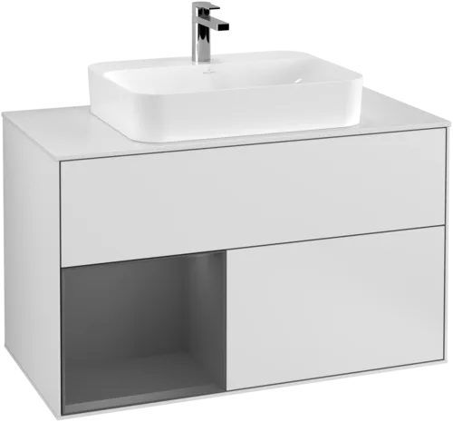 VILLEROY BOCH Toaletní skříňka Finion, s osvětlením, 2 výsuvy, 1000 x 603 x 501 mm, bílý matný lak / antracitový matný lak / bílé matné sklo #F361GKMT