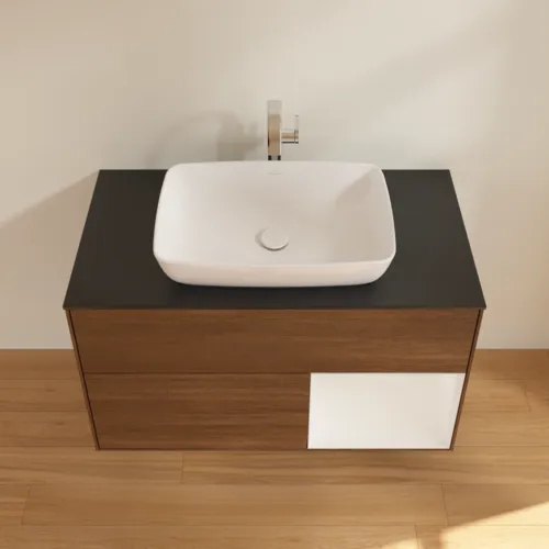 VILLEROY BOCH Toaletní skříňka Finion, s osvětlením, 2 výsuvy, 1000 x 603 x 501 mm, ořechová dýha / lesklý bílý lak / sklo černé matné #F782GFGN, obrázek 4
