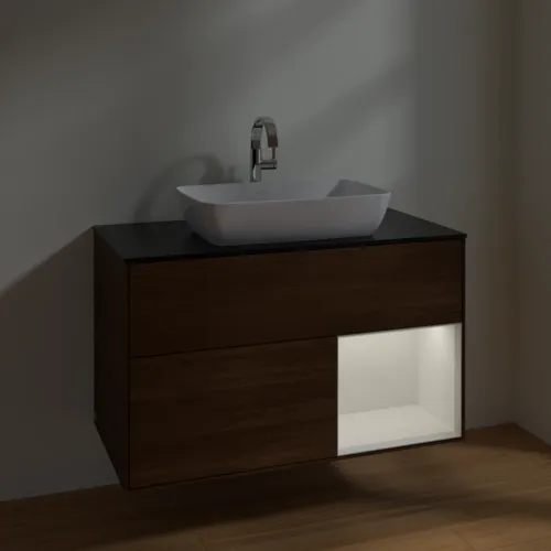 VILLEROY BOCH Toaletní skříňka Finion, s osvětlením, 2 výsuvy, 1000 x 603 x 501 mm, ořechová dýha / lesklý bílý lak / sklo černé matné #F782GFGN, obrázek 5