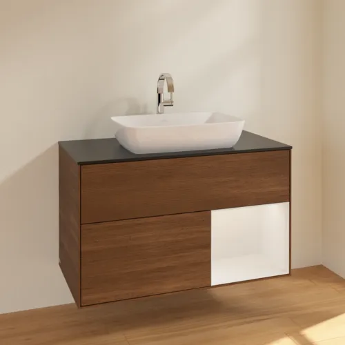 VILLEROY BOCH Toaletní skříňka Finion, s osvětlením, 2 výsuvy, 1000 x 603 x 501 mm, ořechová dýha / lesklý bílý lak / sklo černé matné #F782GFGN, obrázek 2