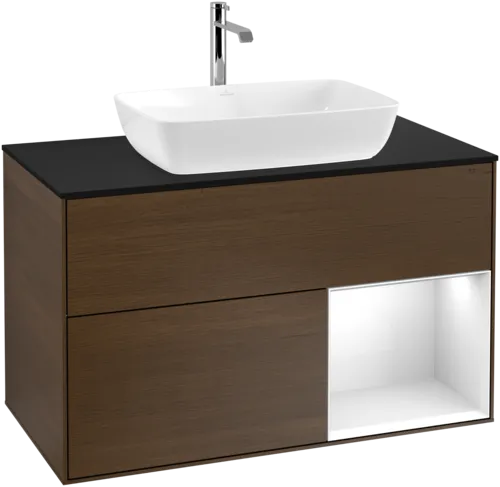 VILLEROY BOCH Toaletní skříňka Finion, s osvětlením, 2 výsuvy, 1000 x 603 x 501 mm, ořechová dýha / lesklý bílý lak / sklo černé matné #F782GFGN, obrázek 1