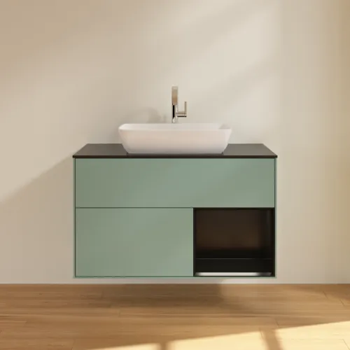 VILLEROY BOCH Toaletní skříňka Finion, s osvětlením, 2 výsuvy, 1000 x 603 x 501 mm, olivový matný lak / černý matný lak / černé matné sklo #F782PDGM, obrázek 3