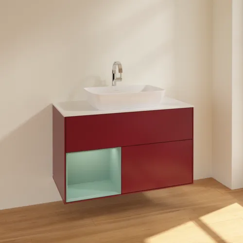 VILLEROY BOCH Toaletní skříňka Finion, s osvětlením, 2 výsuvy, 1000 x 603 x 501 mm, Pivoňka matný lak / Olivový matný lak / Sklo bílé matné #F771GMHB, obrázek 2