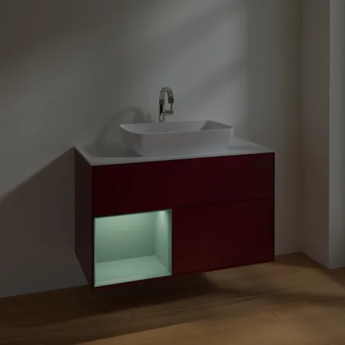 VILLEROY BOCH Toaletní skříňka Finion, s osvětlením, 2 výsuvy, 1000 x 603 x 501 mm, Pivoňka matný lak / Olivový matný lak / Sklo bílé matné #F771GMHB, obrázek 5