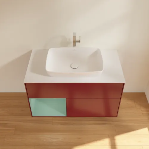 VILLEROY BOCH Toaletní skříňka Finion, s osvětlením, 2 výsuvy, 1000 x 603 x 501 mm, Pivoňka matný lak / Olivový matný lak / Sklo bílé matné #F771GMHB, obrázek 4