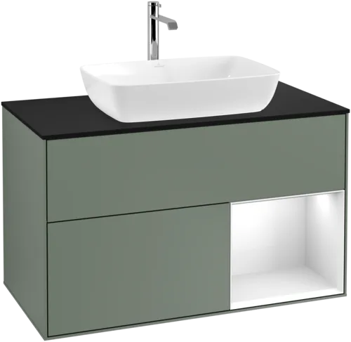 VILLEROY BOCH Toaletní skříňka Finion, s osvětlením, 2 výsuvy, 1000 x 603 x 501 mm, olivový matný lak / lesklý bílý lak / sklo černé matné #F782GFGM, obrázek 1