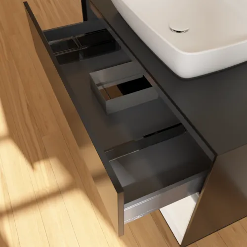 VILLEROY BOCH Umyvadlová skříňka Finion, s osvětlením, 2 výsuvy, 1000 x 603 x 501 mm, černý matný lak / bílý matný lak / černé matné sklo #F782MTPD, obrázek 8