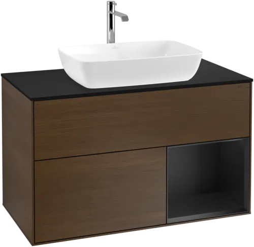 VILLEROY BOCH Toaletní skříňka Finion, s osvětlením, 2 výsuvy, 1000 x 603 x 501 mm, ořechová dýha / černý matný lak / černé matné sklo #F782PDGN, obrázek 1
