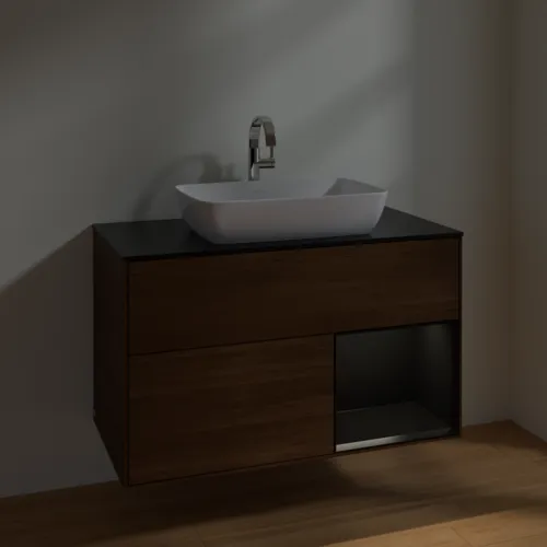 VILLEROY BOCH Toaletní skříňka Finion, s osvětlením, 2 výsuvy, 1000 x 603 x 501 mm, ořechová dýha / černý matný lak / černé matné sklo #F782PDGN, obrázek 5