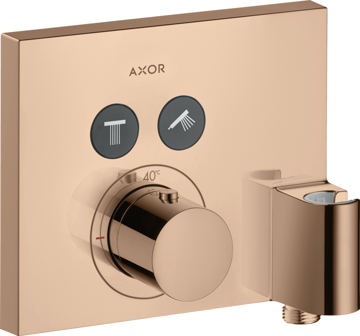 HANSGROHE AXOR ShowerSelect skrytý úhlový termostat pro 2 spotřebiče s připojením na stěnu a držákem sprchy #36712300 - Leštěné červené zlato