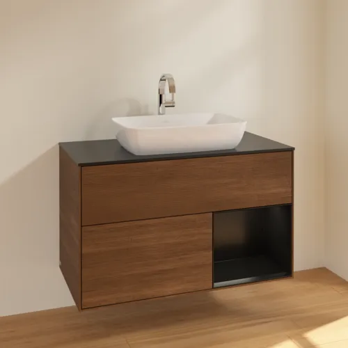 VILLEROY BOCH Toaletní skříňka Finion, s osvětlením, 2 výsuvy, 1000 x 603 x 501 mm, ořechová dýha / černý matný lak / černé matné sklo #F782PDGN, obrázek 2