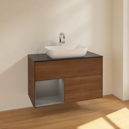 VILLEROY BOCH Toaletní stolek Finion, s osvětlením, 2 výsuvy, 1000 x 603 x 501 mm, ořechová dýha / antracitový matný lak / černé matné sklo #F772GKGN, obrázek 2