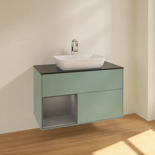 VILLEROY BOCH Toaletní skříňka Finion, s osvětlením, 2 výsuvy, 1000 x 603 x 501 mm, olivový matný lak / antracitový matný lak / černé matné sklo #F772GKGM, obrázek 2