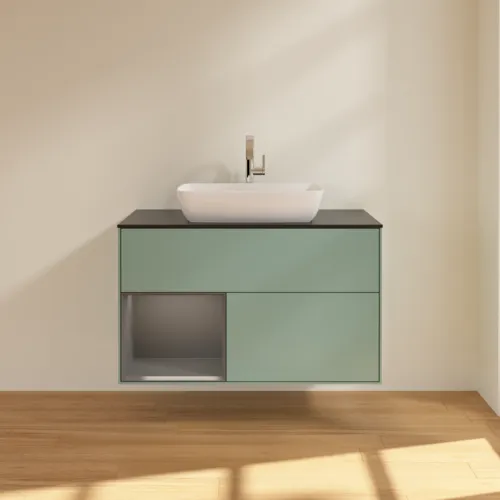 VILLEROY BOCH Toaletní skříňka Finion, s osvětlením, 2 výsuvy, 1000 x 603 x 501 mm, olivový matný lak / antracitový matný lak / černé matné sklo #F772GKGM, obrázek 3