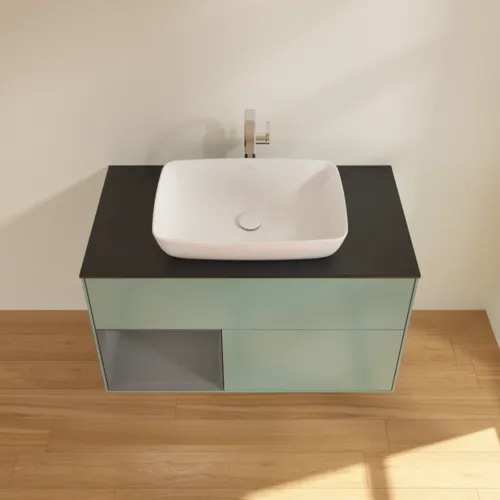 VILLEROY BOCH Toaletní skříňka Finion, s osvětlením, 2 výsuvy, 1000 x 603 x 501 mm, olivový matný lak / antracitový matný lak / černé matné sklo #F772GKGM, obrázek 4
