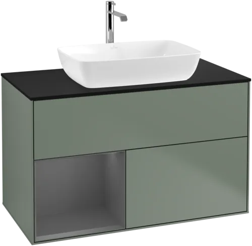 VILLEROY BOCH Toaletní skříňka Finion, s osvětlením, 2 výsuvy, 1000 x 603 x 501 mm, olivový matný lak / antracitový matný lak / černé matné sklo #F772GKGM, obrázek 1