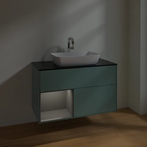 VILLEROY BOCH Toaletní skříňka Finion, s osvětlením, 2 výsuvy, 1000 x 603 x 501 mm, olivový matný lak / antracitový matný lak / černé matné sklo #F772GKGM, obrázek 5