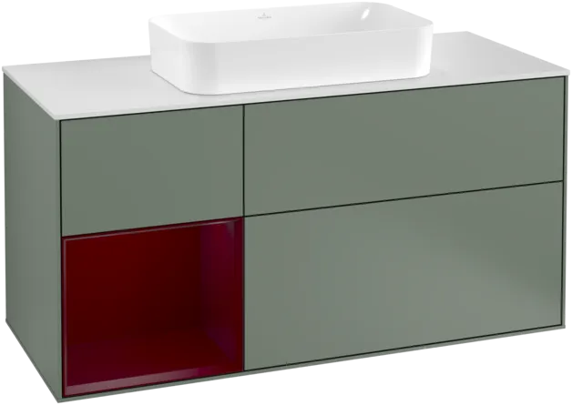 VILLEROY BOCH Toaletní skříňka Finion, s osvětlením, 3 výsuvy, 1200 x 603 x 501 mm, olivový matný lak / pivoňkový matný lak / bílé matné sklo #F291HBGM