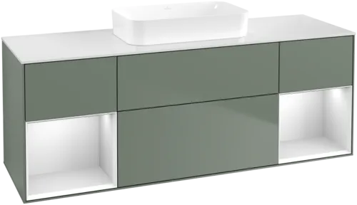 VILLEROY BOCH Toaletní skříňka Finion, s osvětlením, 4 výsuvy, 1600 x 603 x 501 mm, olivový matný lak / bílý matný lak / bílé matné sklo #F741MTGM