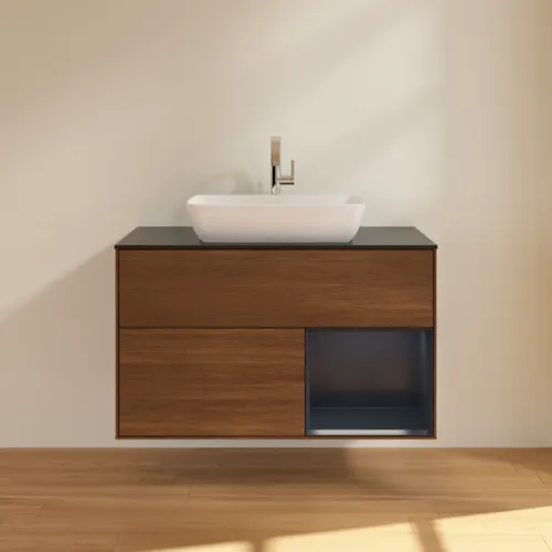 VILLEROY BOCH Toaletní skříňka Finion, s osvětlením, 2 výsuvy, 1000 x 603 x 501 mm, ořechová dýha / půlnočně modrý matný lak / černé matné sklo #F782HGGN, obrázek 3