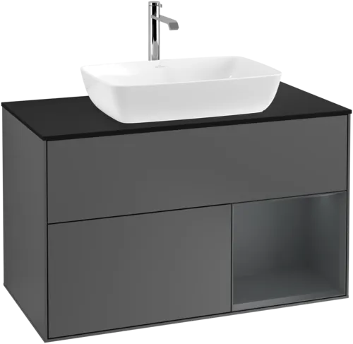 VILLEROY BOCH Toaletní skříňka Finion, s osvětlením, 2 výsuvy, 1000 x 603 x 501 mm, antracitový matný lak / půlnoční modrý matný lak / černé matné sklo #F782HGGK, obrázek 1