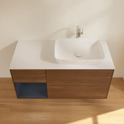 VILLEROY BOCH Toaletní skříňka Finion, s osvětlením, 3 výsuvy, 1200 x 603 x 501 mm, ořechová dýha / půlnočně modrý matný lak / sklo bílé matné #F801HGGN, obrázek 4
