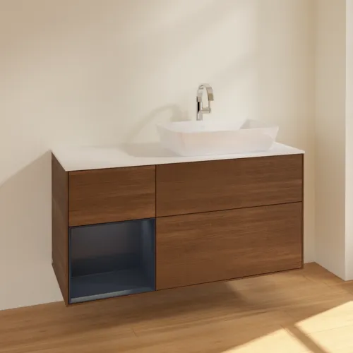 VILLEROY BOCH Toaletní skříňka Finion, s osvětlením, 3 výsuvy, 1200 x 603 x 501 mm, ořechová dýha / půlnočně modrý matný lak / sklo bílé matné #F801HGGN, obrázek 2