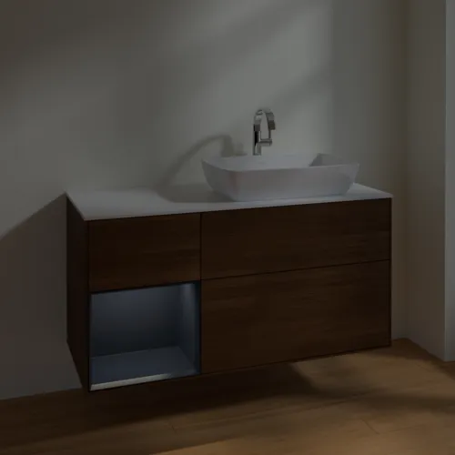 VILLEROY BOCH Toaletní skříňka Finion, s osvětlením, 3 výsuvy, 1200 x 603 x 501 mm, ořechová dýha / půlnočně modrý matný lak / sklo bílé matné #F801HGGN, obrázek 5