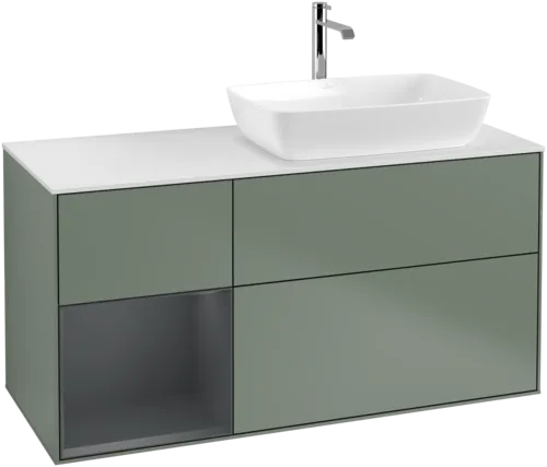 VILLEROY BOCH Toaletní skříňka Finion, s osvětlením, 3 výsuvy, 1200 x 603 x 501 mm, olivový matný lak / půlnoční modrý matný lak / bílé matné sklo #F801HGGM, obrázek 1